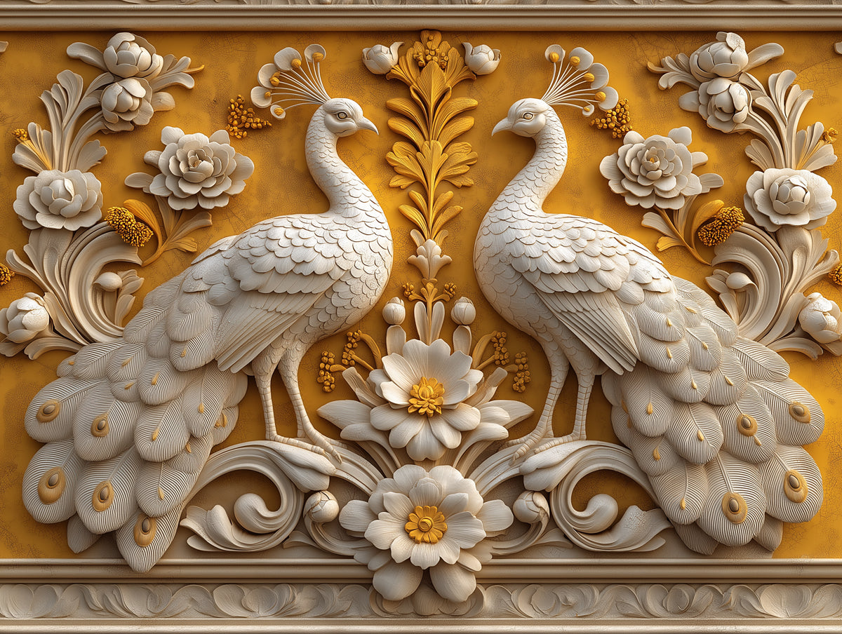Peacock and Flower Relief Mural Wallpaper in Living Room | Various Colors (Teal, Brown, etc.) of Peacock and Flower