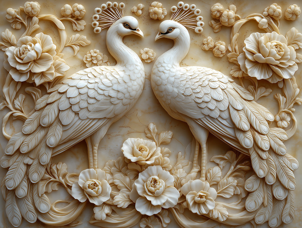 Peacock and Flower Relief Mural Wallpaper in Living Room | Various Colors (Teal, Brown, etc.) of Peacock and Flower