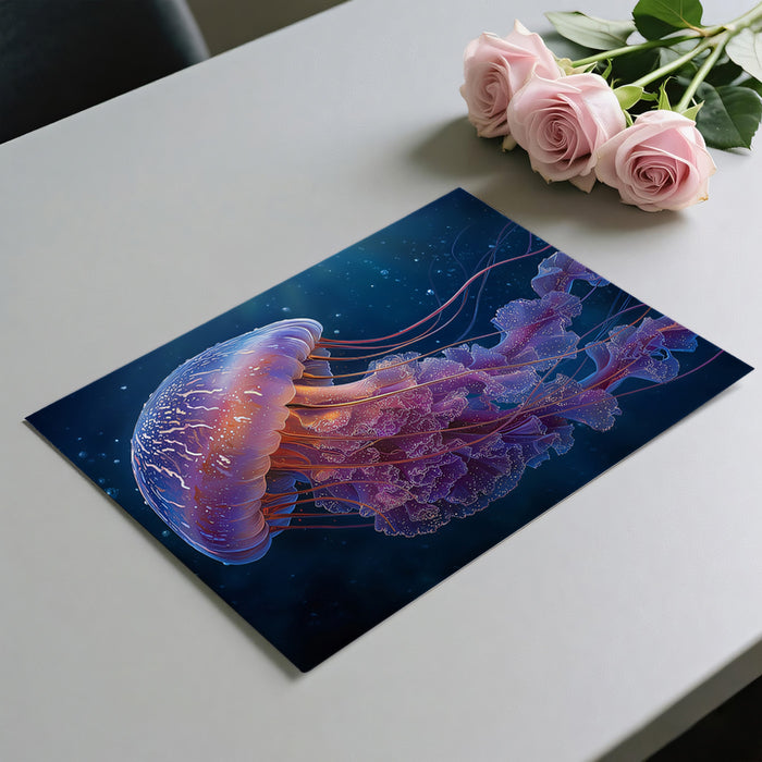 Luminous Umbrella Jellyfish Mural Wallpaper | Purple and Orange Hues, Ethereal Trails, Deep Ocean Mystery