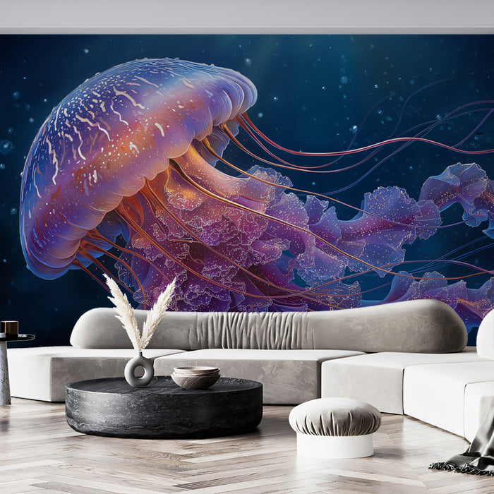 Luminous Umbrella Jellyfish Mural Wallpaper | Purple and Orange Hues, Ethereal Trails, Deep Ocean Mystery