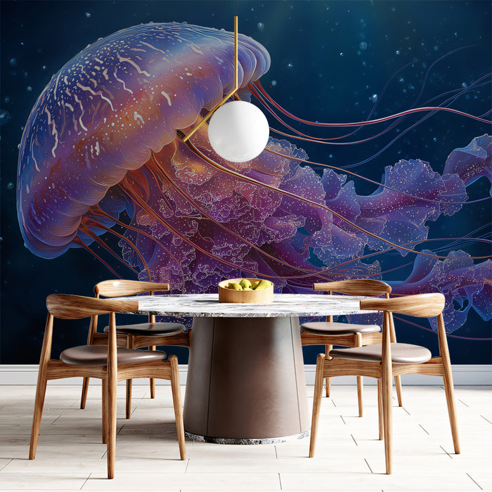 Luminous Umbrella Jellyfish Mural Wallpaper | Purple and Orange Hues, Ethereal Trails, Deep Ocean Mystery