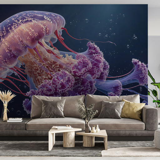 Living room with a large jellyfish mural on the wall