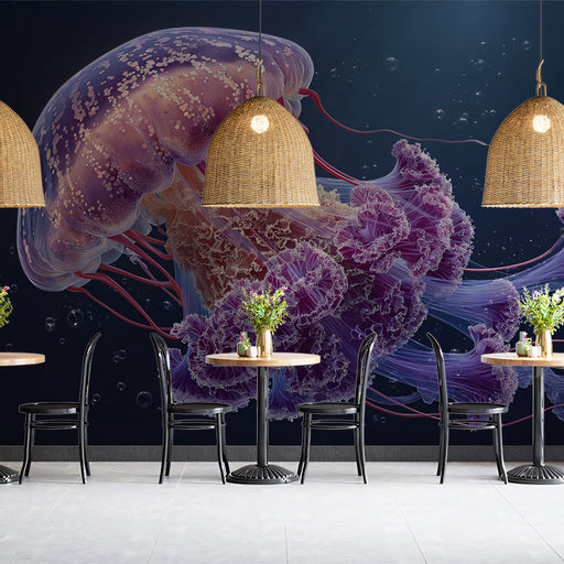 Restaurant interior with jellyfish-themed wall mural and pendant lights.