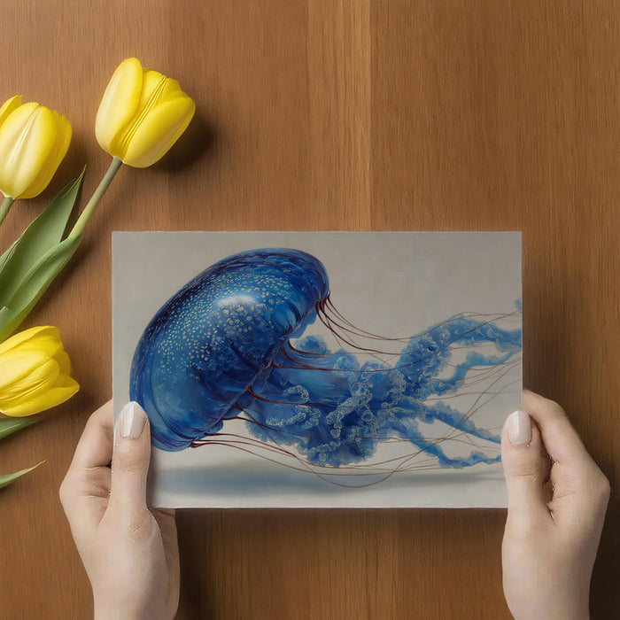 Textured Blue Jellyfish with Crimson Tentacles Mural | Painted Style, Warm/Cool Contrast, Light Background