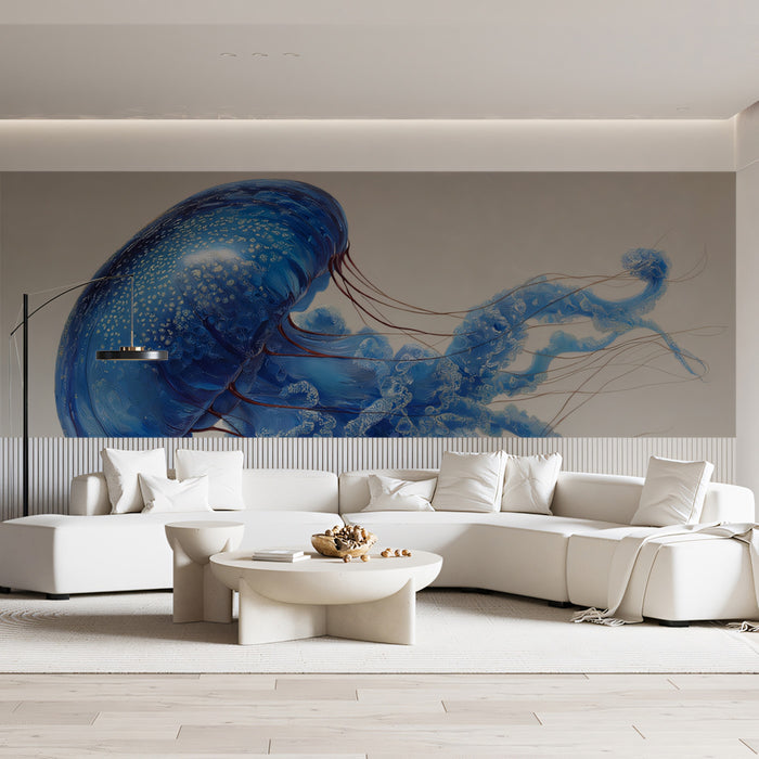 Textured Blue Jellyfish with Crimson Tentacles Mural | Painted Style, Warm/Cool Contrast, Light Background