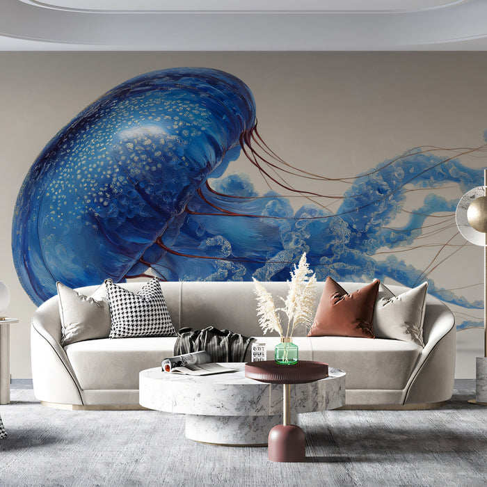 Textured Blue Jellyfish with Crimson Tentacles Mural | Painted Style, Warm/Cool Contrast, Light Background