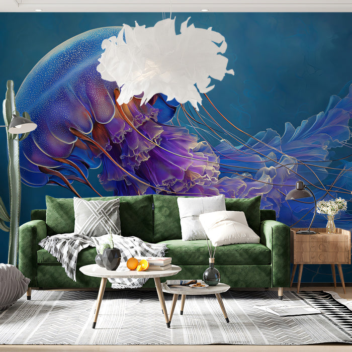 Luminous Violet and Blue Jellyfish Mural Wallpaper | Flowing Tentacles, Deep Blue Background, Ethereal