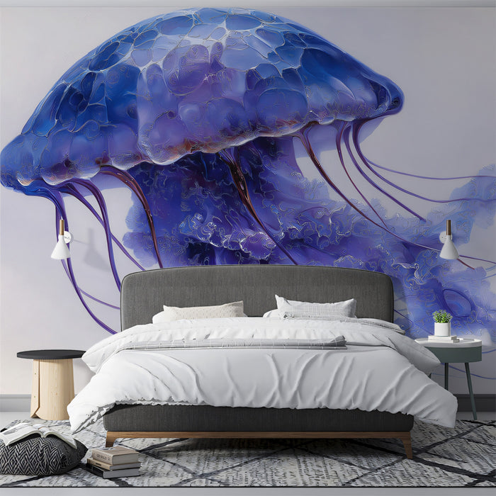 Textured Blue and Purple Jellyfish Mural Wallpaper | Painted Art, White Background, Soft Diffusion