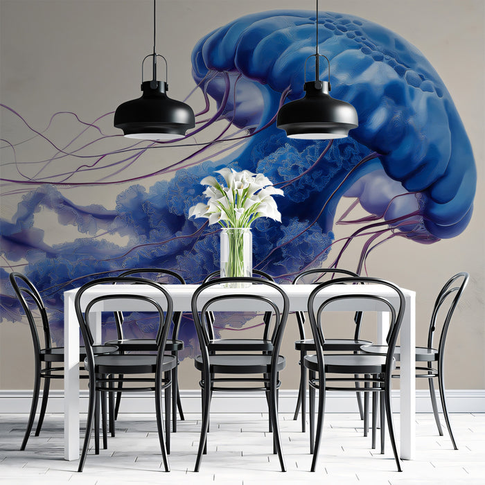 Intense Blue Jellyfish with Textured Bell Mural | High Detail, Solid Color, Abstract Background