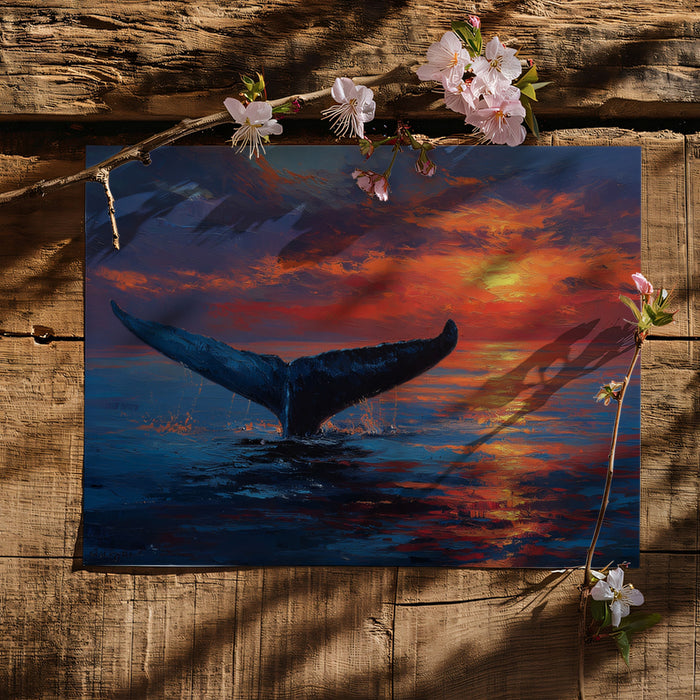 Impasto Sunset Whale Fluke Mural Wallpaper | Textured Ocean, Fiery Red and Orange Sky, Expressive Art