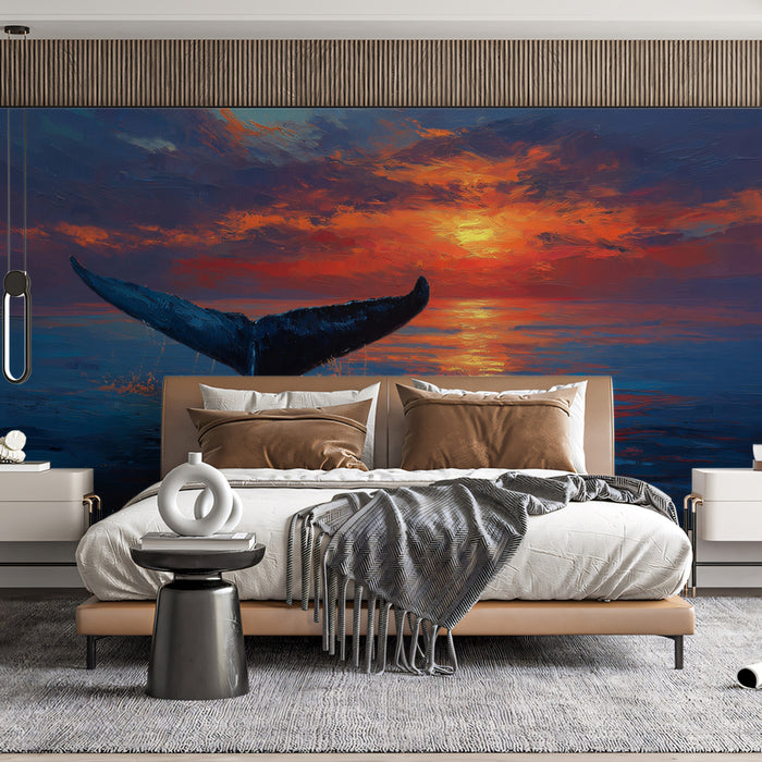 Impasto Sunset Whale Fluke Mural Wallpaper | Textured Ocean, Fiery Red and Orange Sky, Expressive Art