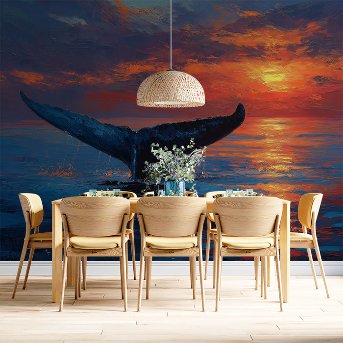 Impasto Sunset Whale Fluke Mural Wallpaper | Textured Ocean, Fiery Red and Orange Sky, Expressive Art