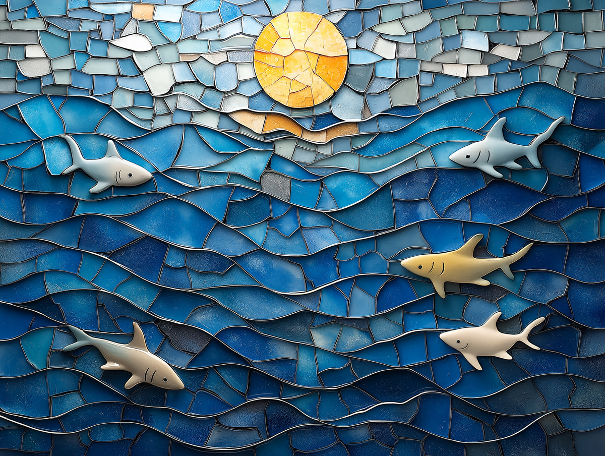 Mosaic Ocean and Sharks Mural Wallpaper in Bedroom | Various Colors (Blue, Yellow, etc.) of Sharks 