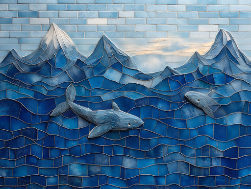 Mosaic Ocean and Sharks Mural Wallpaper in Bedroom | Various Colors (Blue, Yellow, etc.) of Sharks 