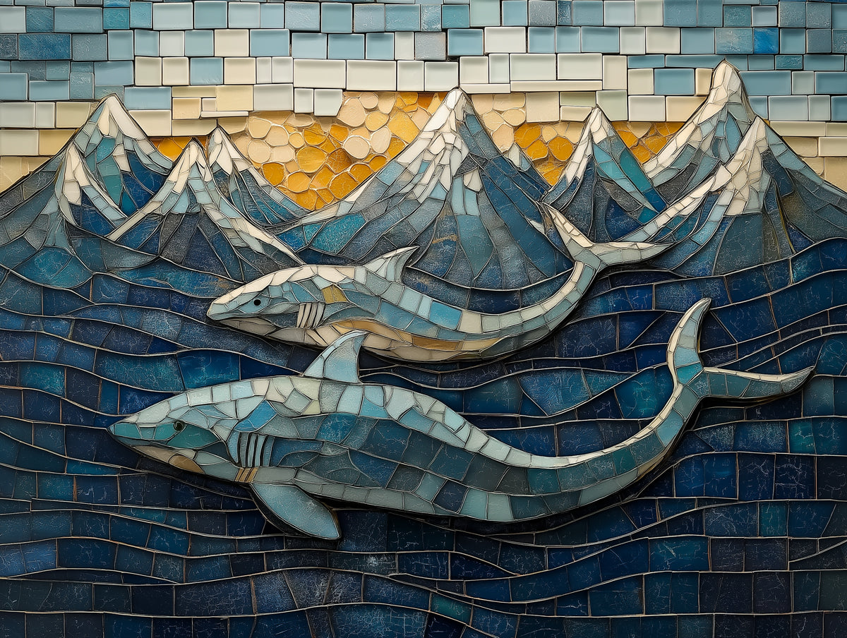Mosaic Ocean and Sharks Mural Wallpaper in Bedroom | Various Colors (Blue, Yellow, etc.) of Sharks 