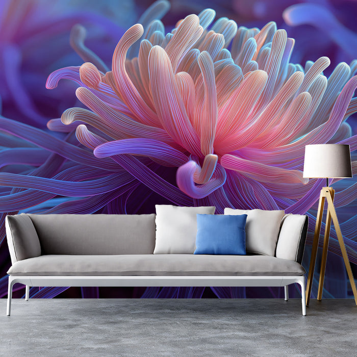 Bioluminescent Sea Flower Mural Wallpaper | Purple and Pink Bloom, Macro Ocean Fantasy, Sculptural