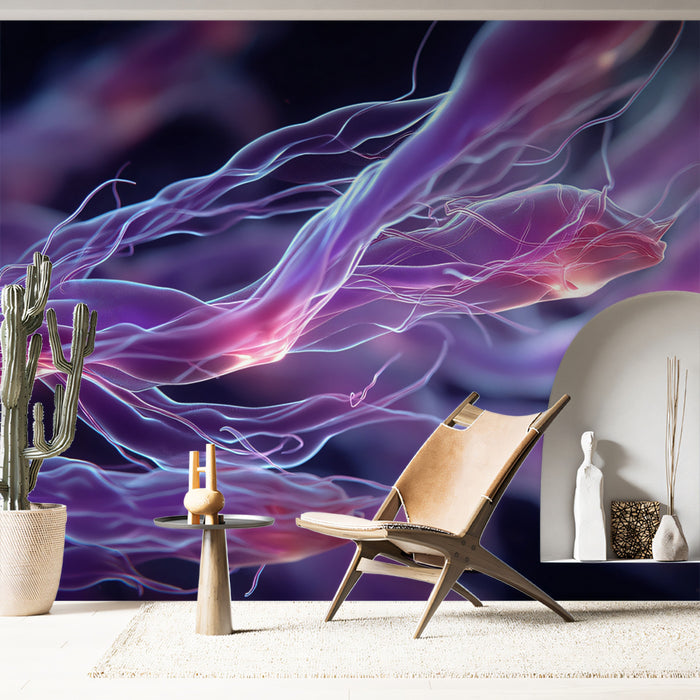 Microscopic Fiber Organism Mural Wallpaper | Purple and Pink Glow, Abstract Bioluminescence, Fluid Motion