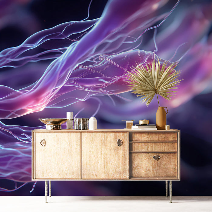 Microscopic Fiber Organism Mural Wallpaper | Purple and Pink Glow, Abstract Bioluminescence, Fluid Motion
