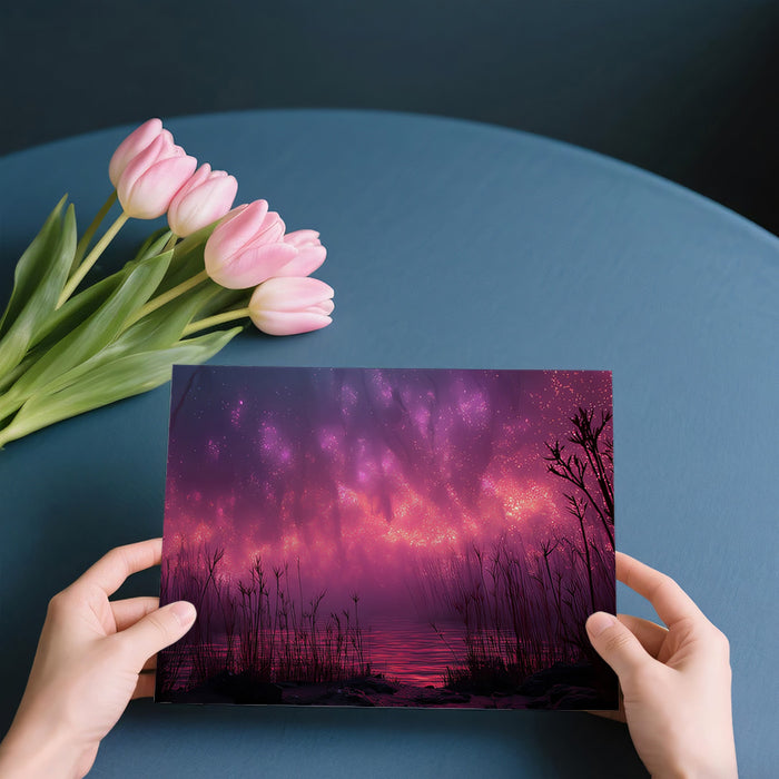 Bioluminescent Swamp Night Mural Wallpaper | Pink and Magenta Glow, Ethereal Landscape, Silhouette