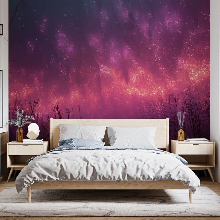 Bioluminescent Swamp Night Mural Wallpaper | Pink and Magenta Glow, Ethereal Landscape, Silhouette