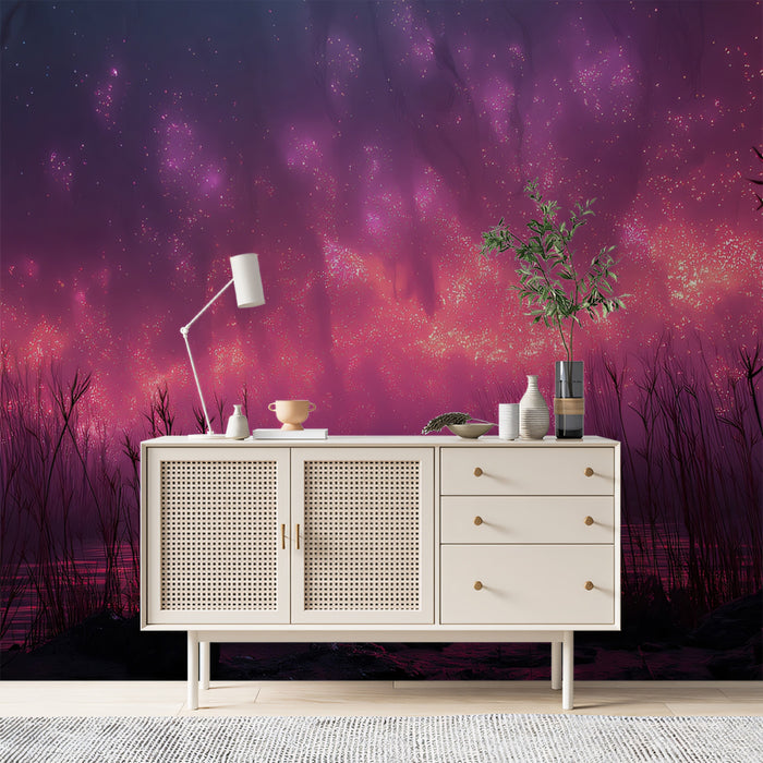 Bioluminescent Swamp Night Mural Wallpaper | Pink and Magenta Glow, Ethereal Landscape, Silhouette