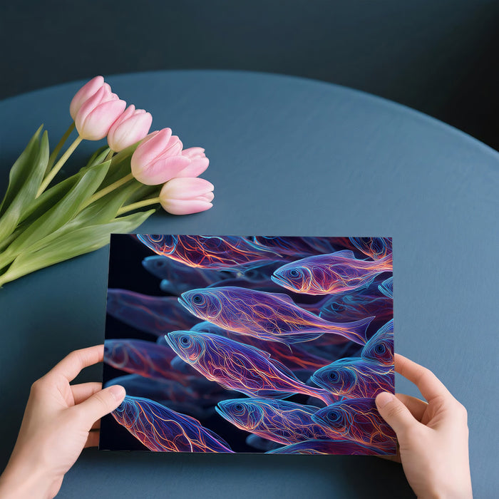 Neon Veined Fish School Mural Wallpaper | Electric Blue and Magenta, Abstract Bioluminescence, Dynamic