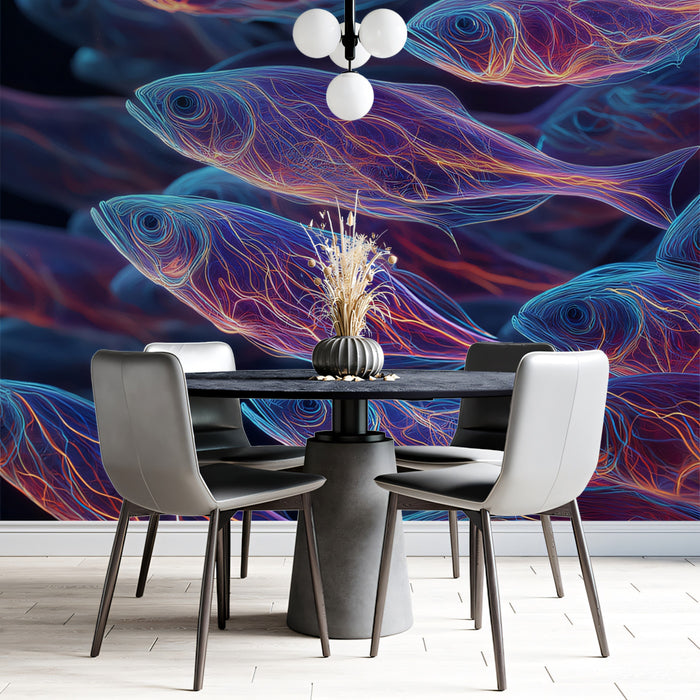 Neon Veined Fish School Mural Wallpaper | Electric Blue and Magenta, Abstract Bioluminescence, Dynamic