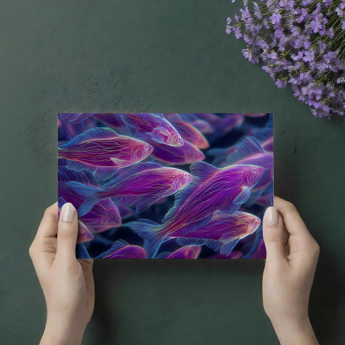 Fluorescent Pink and Purple Fish School Mural | Glowing Skeleton Effect, Vibrant and Ethereal