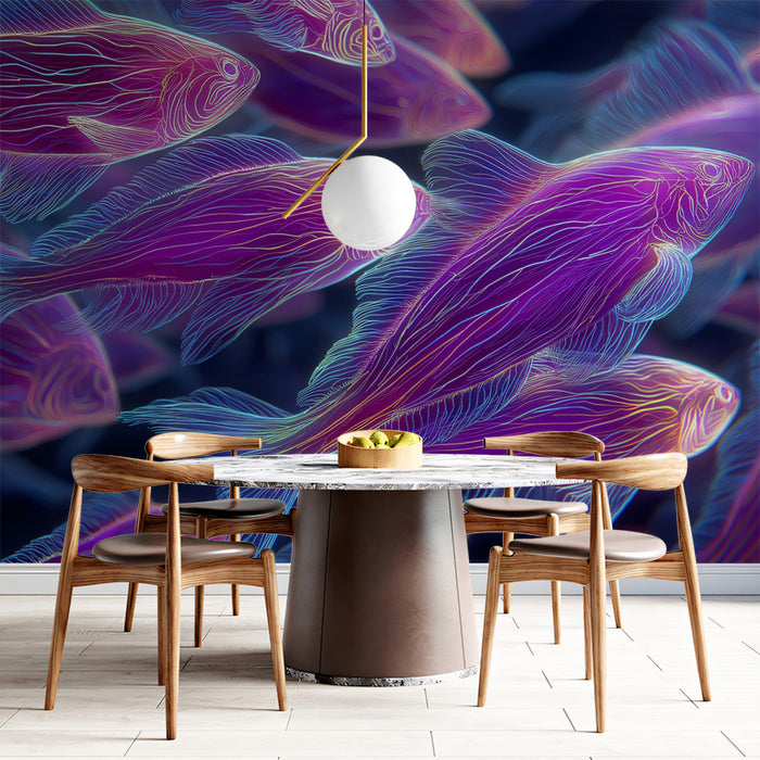 Fluorescent Pink and Purple Fish School Mural | Glowing Skeleton Effect, Vibrant and Ethereal