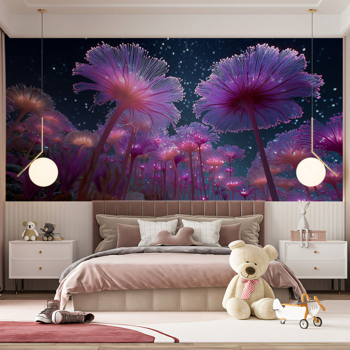 Bioluminescent Fiber Coral Garden Mural Wallpaper | Pink and Purple Glow, Deep Sea Fantasy, Low Angle