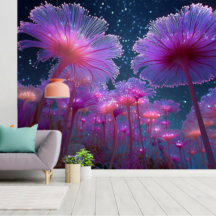 Bioluminescent Fiber Coral Garden Mural Wallpaper | Pink and Purple Glow, Deep Sea Fantasy, Low Angle