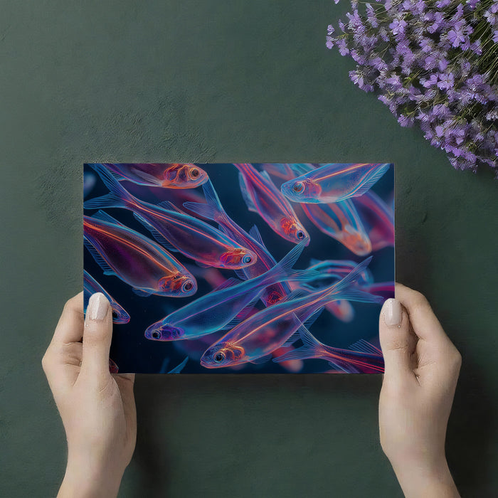 Neon Blue and Pink School of Fish Mural Wallpaper | Close-Up Detail, Bioluminescent Effect, Clean Dark Background