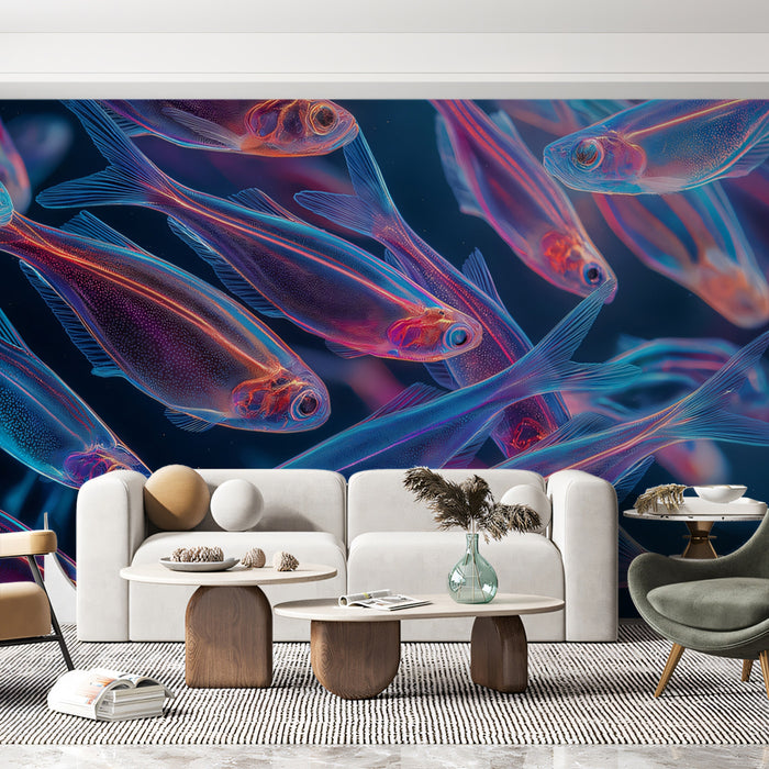 Neon Blue and Pink School of Fish Mural Wallpaper | Close-Up Detail, Bioluminescent Effect, Clean Dark Background