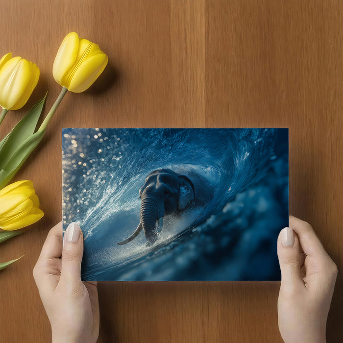 Elephant Surfing Inside Barrel Wave Mural Wallpaper | Dramatic Ocean, Photorealistic Fantasy, Blue Tones