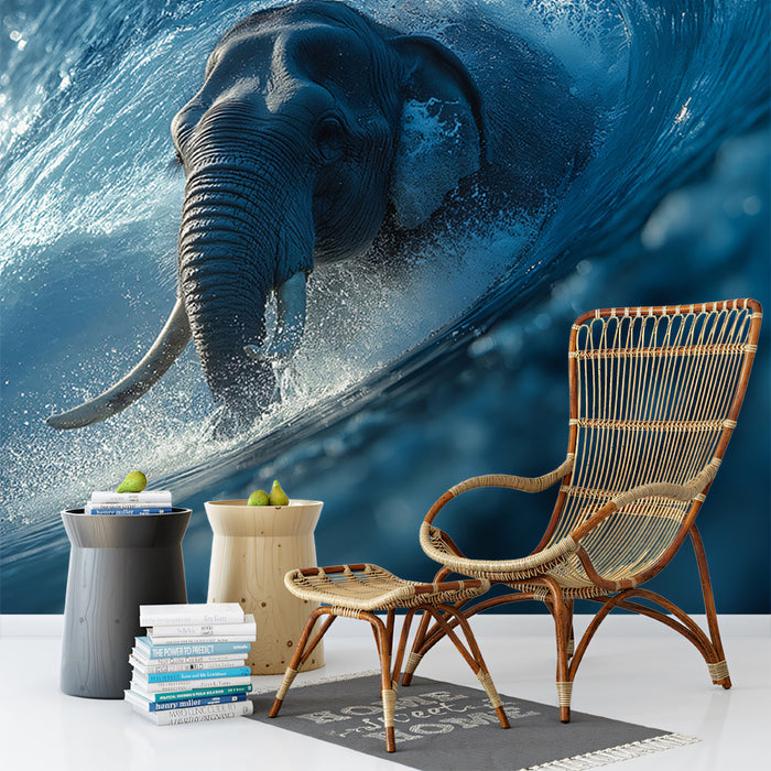 Elephant Surfing Inside Barrel Wave Mural Wallpaper | Dramatic Ocean, Photorealistic Fantasy, Blue Tones