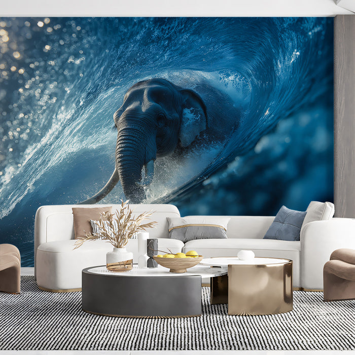 Elephant Surfing Inside Barrel Wave Mural Wallpaper | Dramatic Ocean, Photorealistic Fantasy, Blue Tones