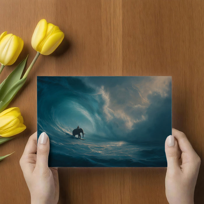 Surfer Elephant in Stormy Ocean Mural Wallpaper | Moody Blue-Green Tones, Giant Wave, Wide View