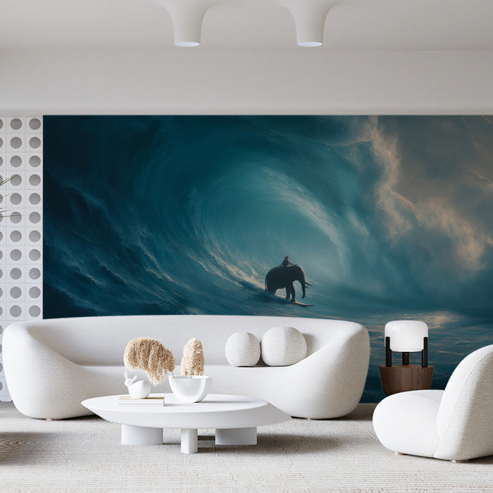 Surfer Elephant in Stormy Ocean Mural Wallpaper | Moody Blue-Green Tones, Giant Wave, Wide View