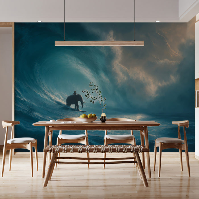 Surfer Elephant in Stormy Ocean Mural Wallpaper | Moody Blue-Green Tones, Giant Wave, Wide View