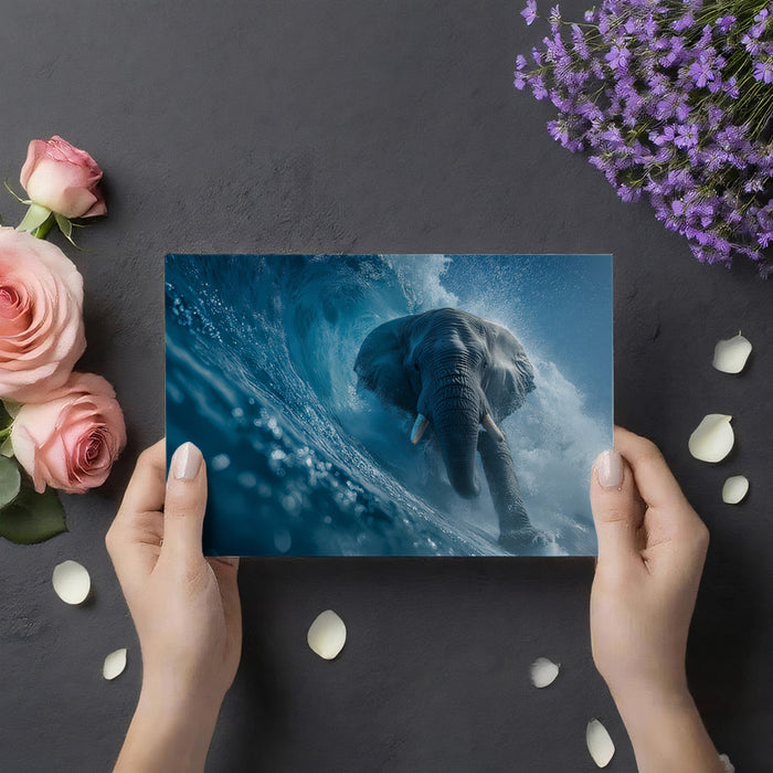 Person holding a card with an elephant underwater illustration, surrounded by flowers and petals on a dark surface.