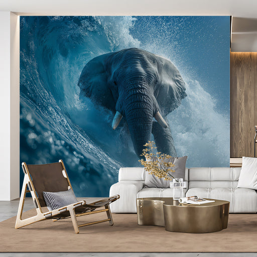 Living room with a large elephant mural on the wall