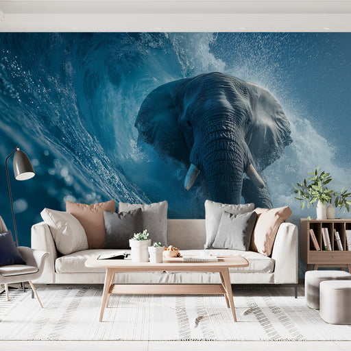 Living room with a large wall mural of an elephant in water.