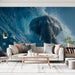 Living room with a large wall mural of an elephant in water.