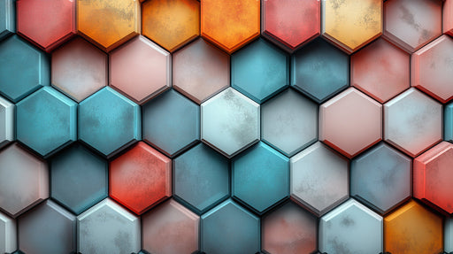 Hexagonal Geometric Mural Wallpaper in Living Room | Various Colors (Orange, Blue, etc.) of Hexagons