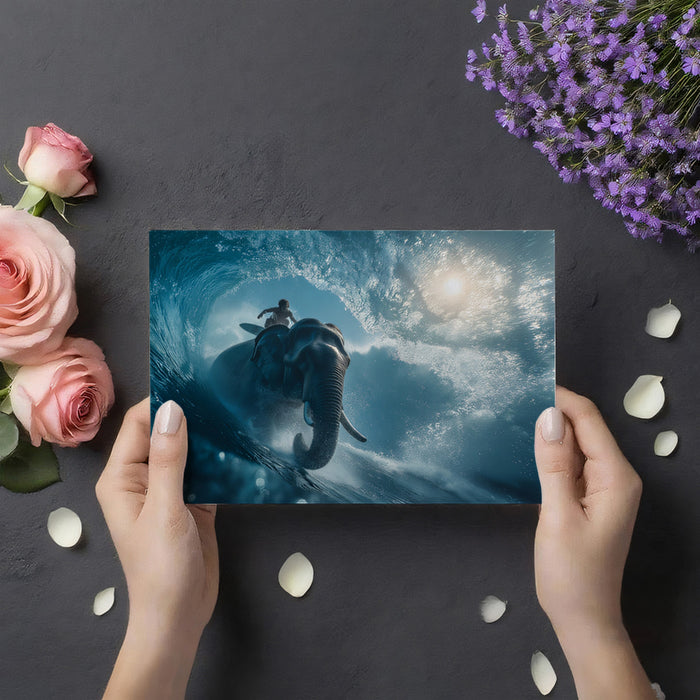 Elephant and Surfer Inside Barrel Wave Mural Wallpaper | High Action, Sunlit Fantasy, Intense Blue