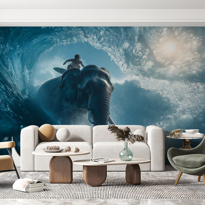 Elephant and Surfer Inside Barrel Wave Mural Wallpaper | High Action, Sunlit Fantasy, Intense Blue