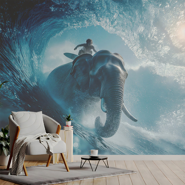 Elephant and Surfer Inside Barrel Wave Mural Wallpaper | High Action, Sunlit Fantasy, Intense Blue