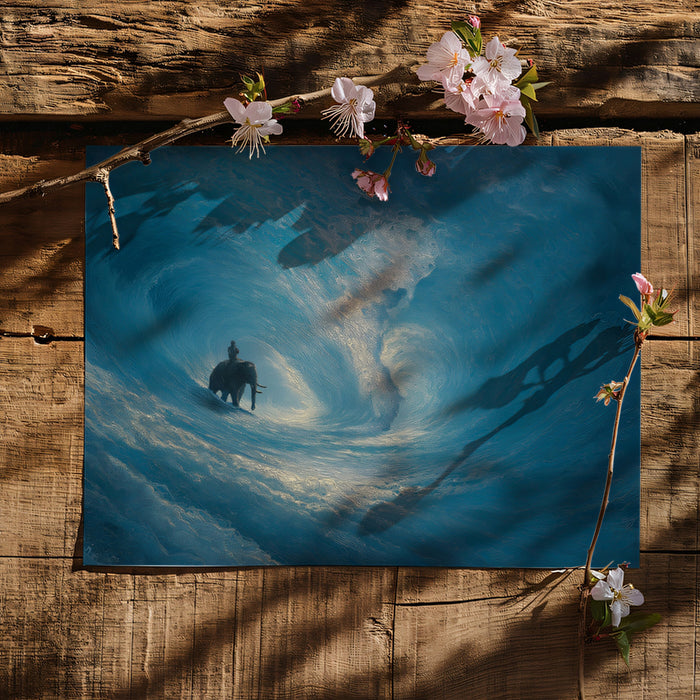 Swirling Wave Elephant Ride Mural Wallpaper | Impasto Blue, Abstract Water Flow, Tonal Contrast