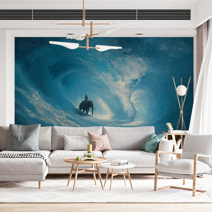 Swirling Wave Elephant Ride Mural Wallpaper | Impasto Blue, Abstract Water Flow, Tonal Contrast