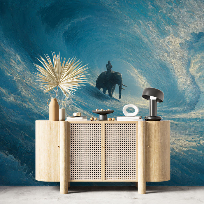 Swirling Wave Elephant Ride Mural Wallpaper | Impasto Blue, Abstract Water Flow, Tonal Contrast
